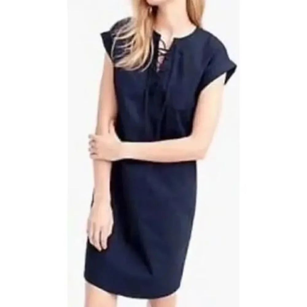 J Crew navy cotton lace up neck peasant S knee length dress